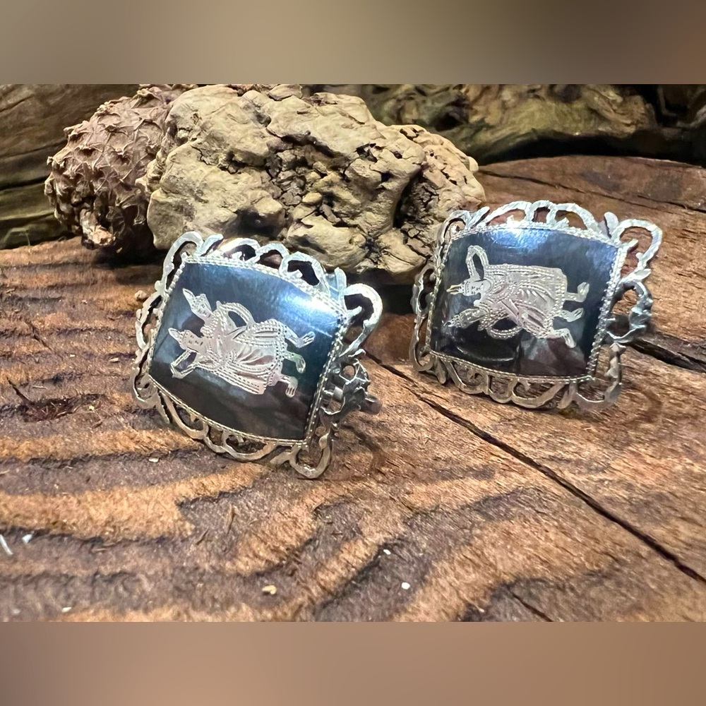 Thailand SIAM Earrings Black Niello on Sterling Silver Screw Backs 2.5 cm